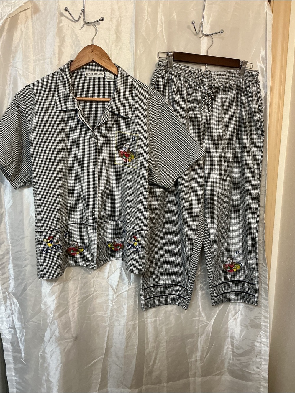 Allyson Whitmore Black and White Gingham womanPajama Set with Cartoon Embroidery
